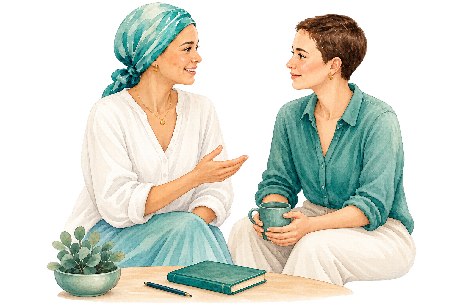Ilustração de duas amigas conversando, símbolo da origem do Travessia