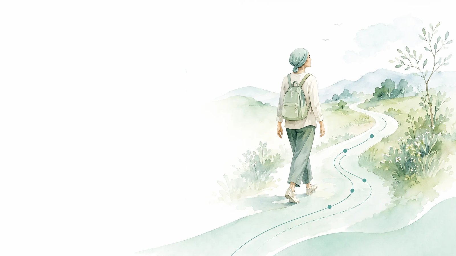 Ilustração de uma pessoa caminhando por uma paisagem, símbolo da travessia durante o tratamento